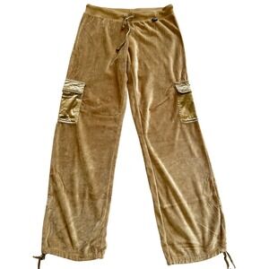 BCBG Max Azria Tan Gold Velour Cargo Pants Wide Leg Drawstring Womens Medium